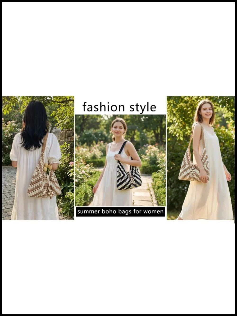 Handmade Crochet Bohemian Beach Shoulder Bag for Women, Woven Tote with Wooden